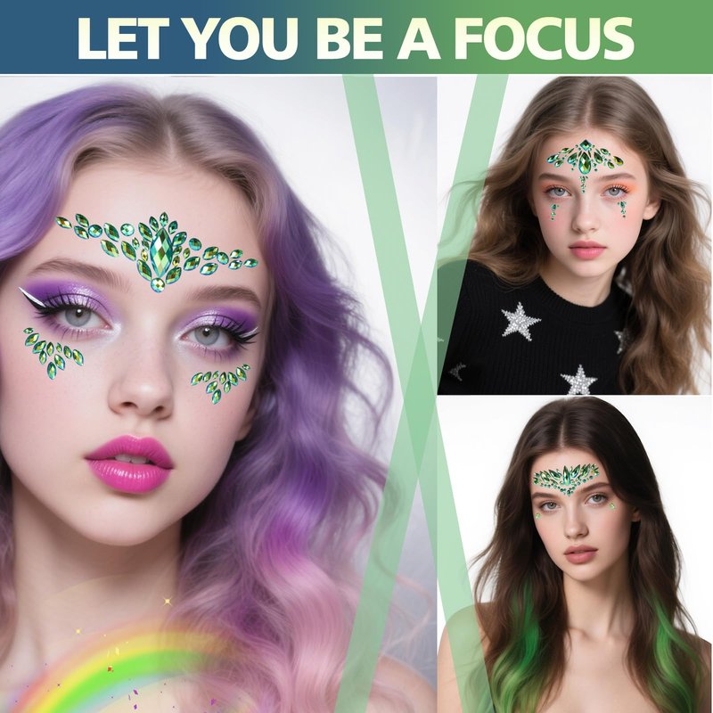 4-Pack Green Face Gems Tattoo,Tears Jewels Temporary Tattoos Stickers for Halloween Festival Music Carnival Party Makeup