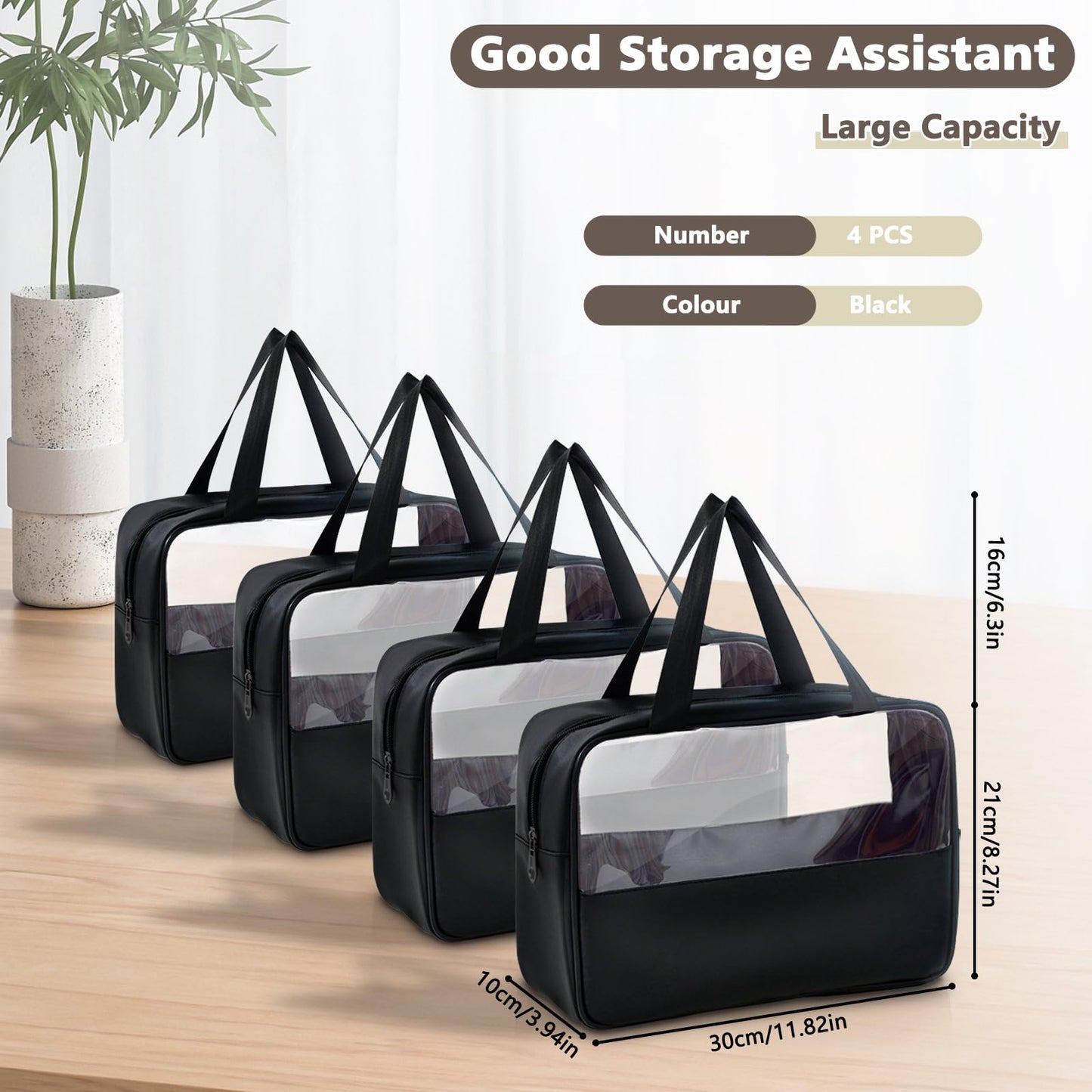 Realand Large Clear Toiletry Bags for Traveling, 4Pcs Waterproof Clear Travel Bags for Toiletries Women Men, Travel Toiletry Bag Set, Transparent Makeup Cosmetic Bag, Black