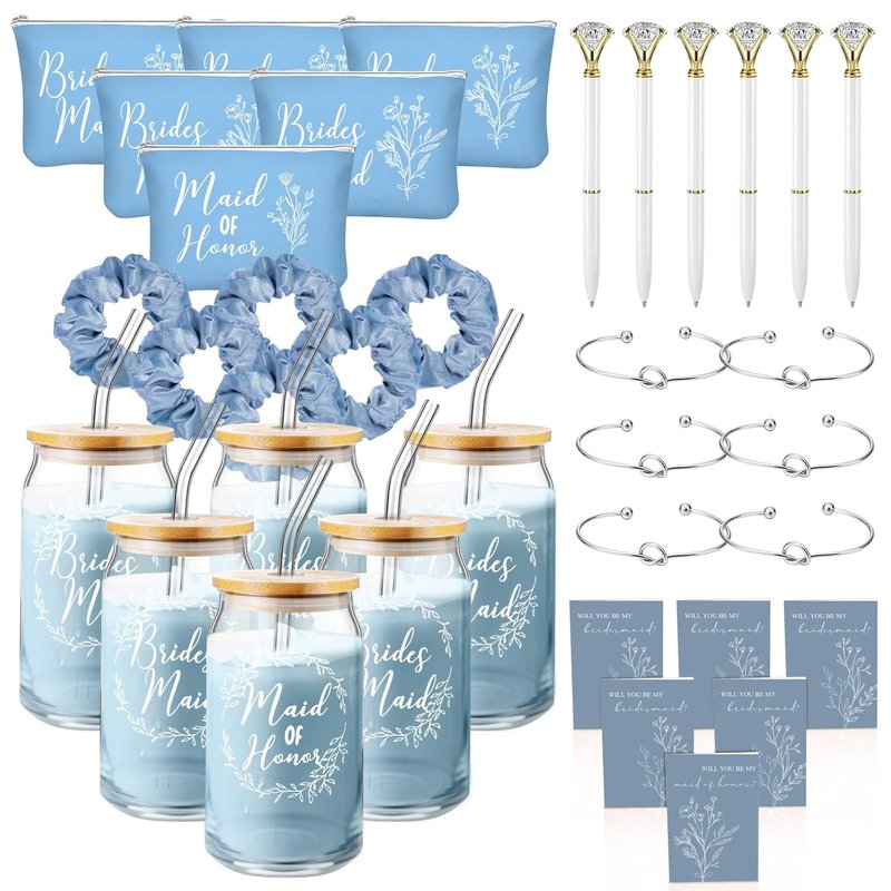 Bridesmaid Proposal Gifts Set - 36 Pcs Including 16 oz Glass Cups, Cosmetic Bags & Bracelets | Blue