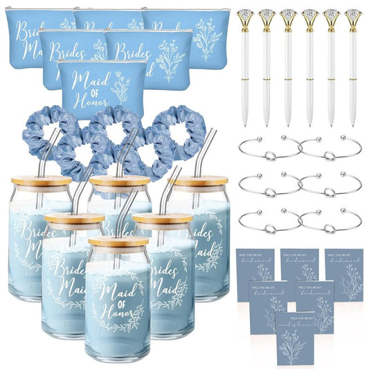 Bridesmaid Proposal Gifts Set - 36 Pcs Including 16 oz Glass Cups, Cosmetic Bags & Bracelets | Blue
