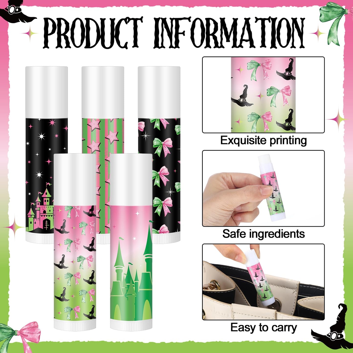 Qunclay 50 Pcs Witch Lip Balm Christmas Party Favors Pink and Green Princess Gifts Bulk Moisturizing Lip Care for Women Movie Fans Makeup Gifts Party Supplies Christmas Stocking Stuffers