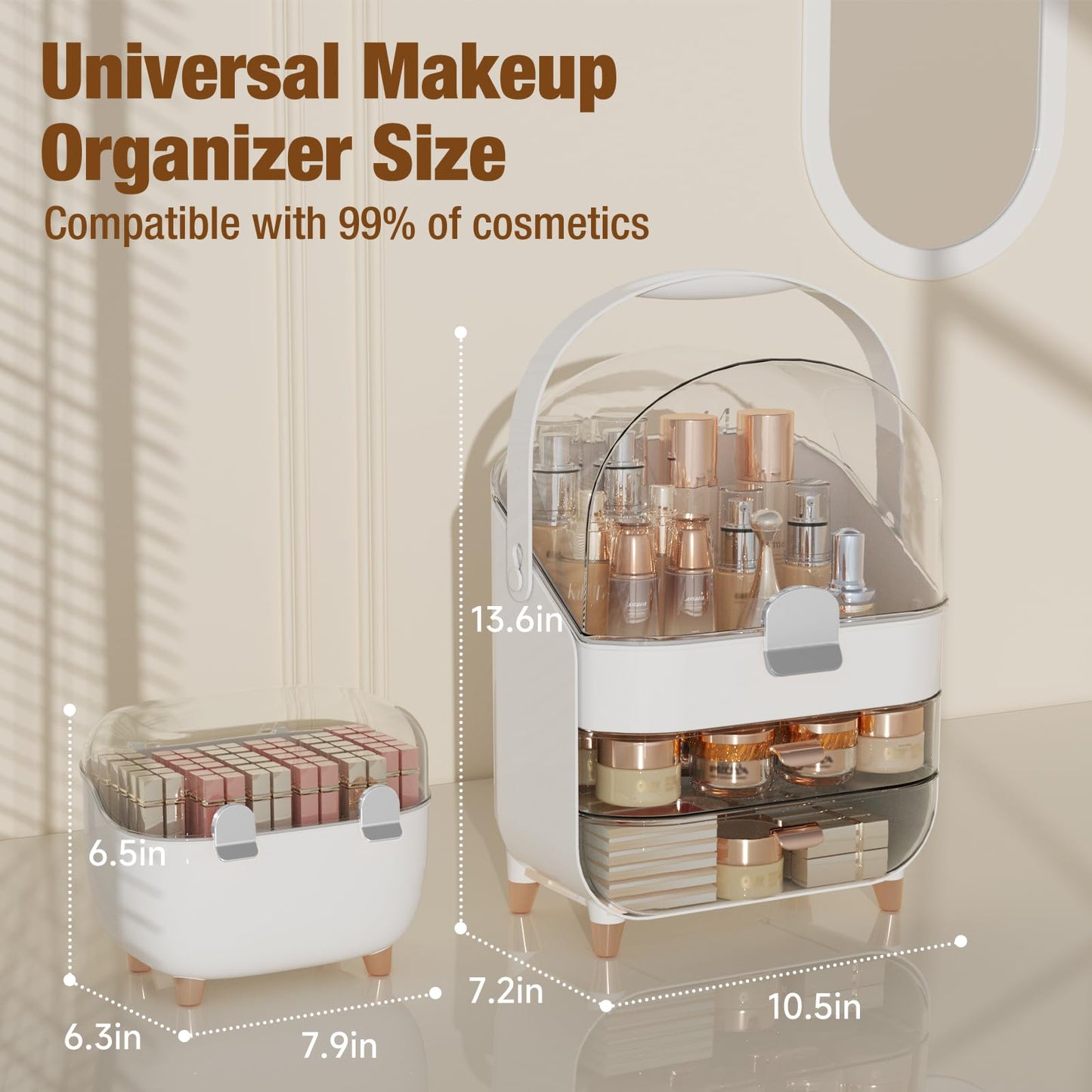 CLBDRESS Makeup Organizer for Vanity with perfume Storage Box, Countertop Skincare Organizer with 2 Drawers, Cosmetic Display Case for Perfumes, Eyeshadow Palettes, Nail Polishes, Rose Gold