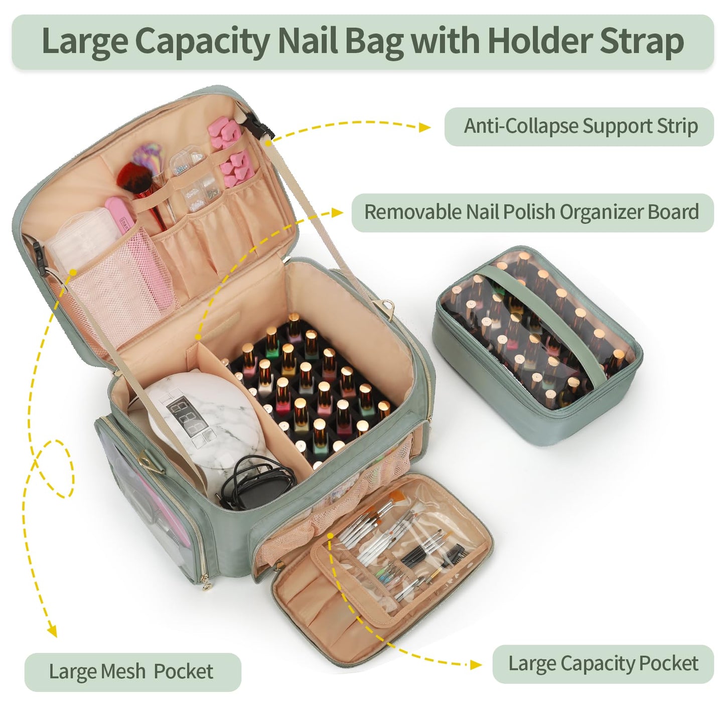 Bagmoly Nail Polish Organizer, Nail Polish Storage Holds 50-70 Bottles & Nail Lamp, Portable Travel Nail Kit Storage Carrying Case Fits Nail Suppiles, Gift for Manicurist, Grils (Green)