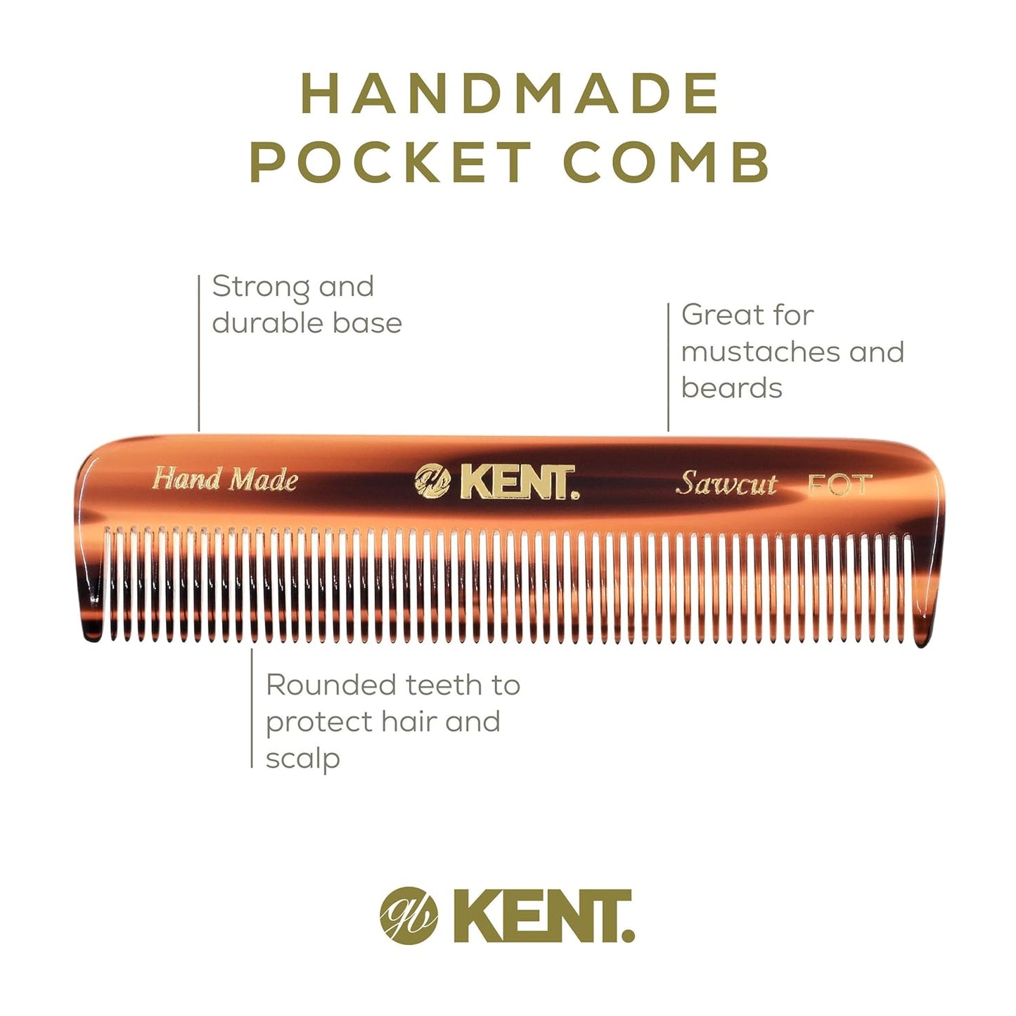 Kent FOT Tortoise Fine Tooth Comb - Handmade Pocket Comb for Men | Travel, Styling, Beard Care