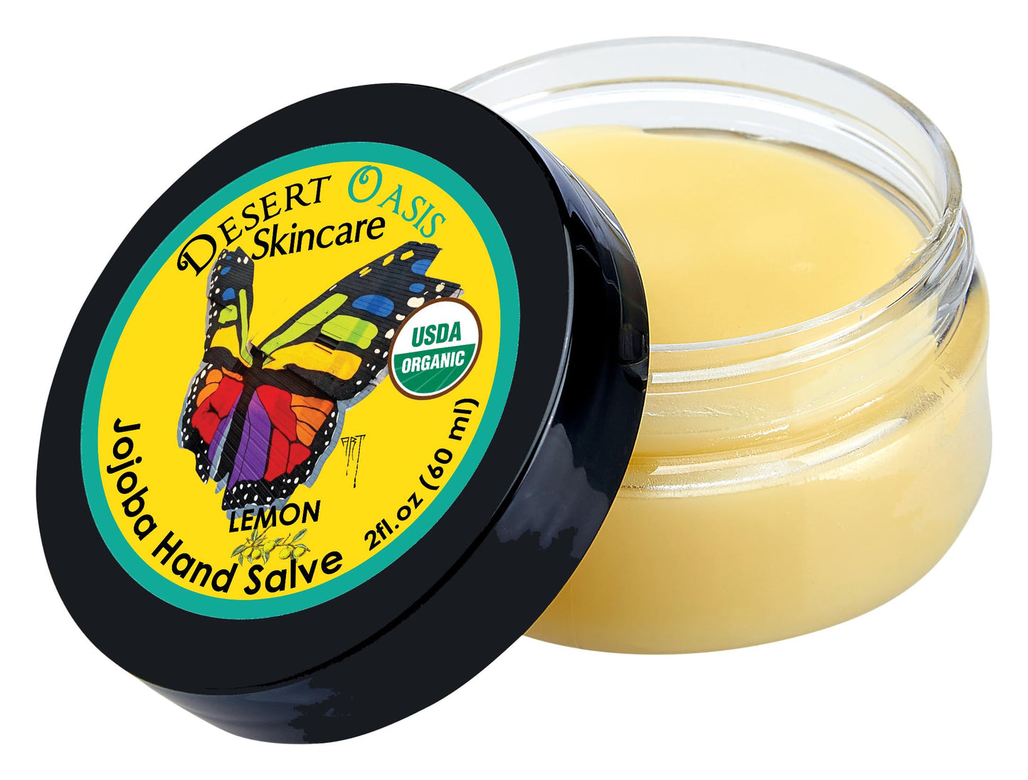 Desert Oasis Skincare | USDA Organic Lemon Hand Salve – Over 50% Jojoba Oil with Beeswax & Avocado Oil – Rich Conditioning Balm for Dry Hands, Feet & Cuticles – 2 oz (60 g)