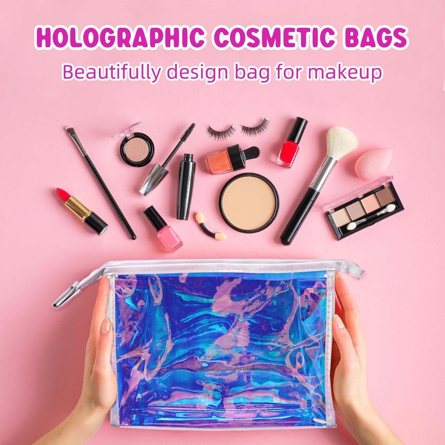 Zwish 10PCS Iridescent Makeup Bag Bulk, Holographic Cosmetic Bags Pouch Portable Zipper Toiletry Bag Travel Makeup Bag Gift Bags for Women