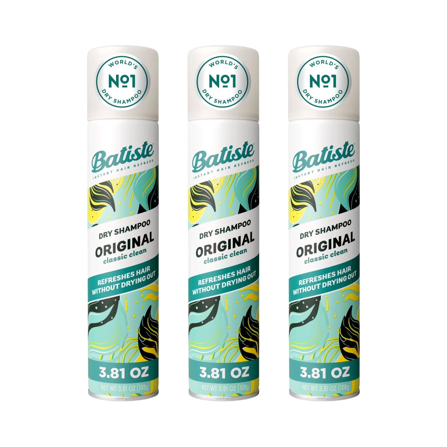 Batiste Dry Shampoo, Original Fragrance, Refresh Hair and Absorb Oil Between Washes, Waterless Shampoo for Added Hair Texture and Body, 3.81 OZ Dry Shampoo Bottle, 3 Pack
