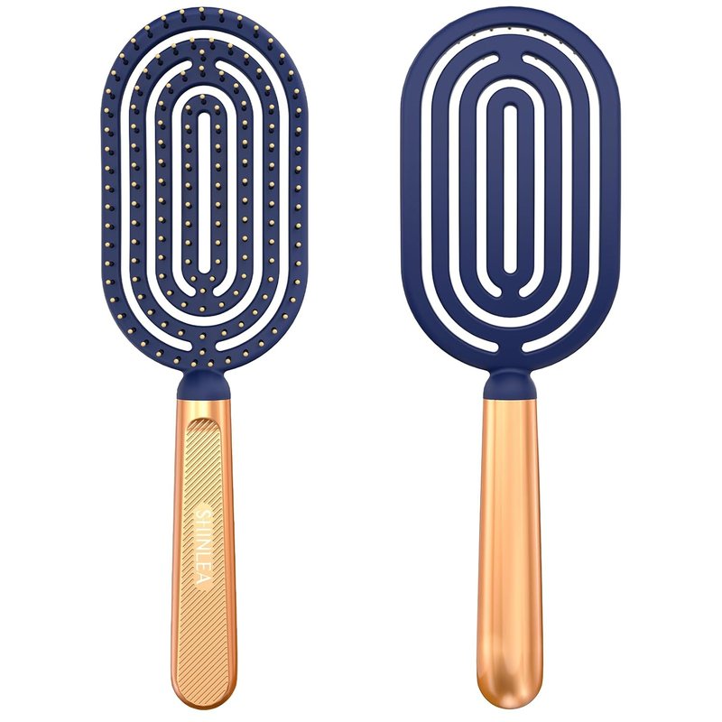 Speed Dry Detangler Brush - Spiral Vented Design for Wet Hair | Metal-Infused Gold Handle, Curved with Soft Bristles