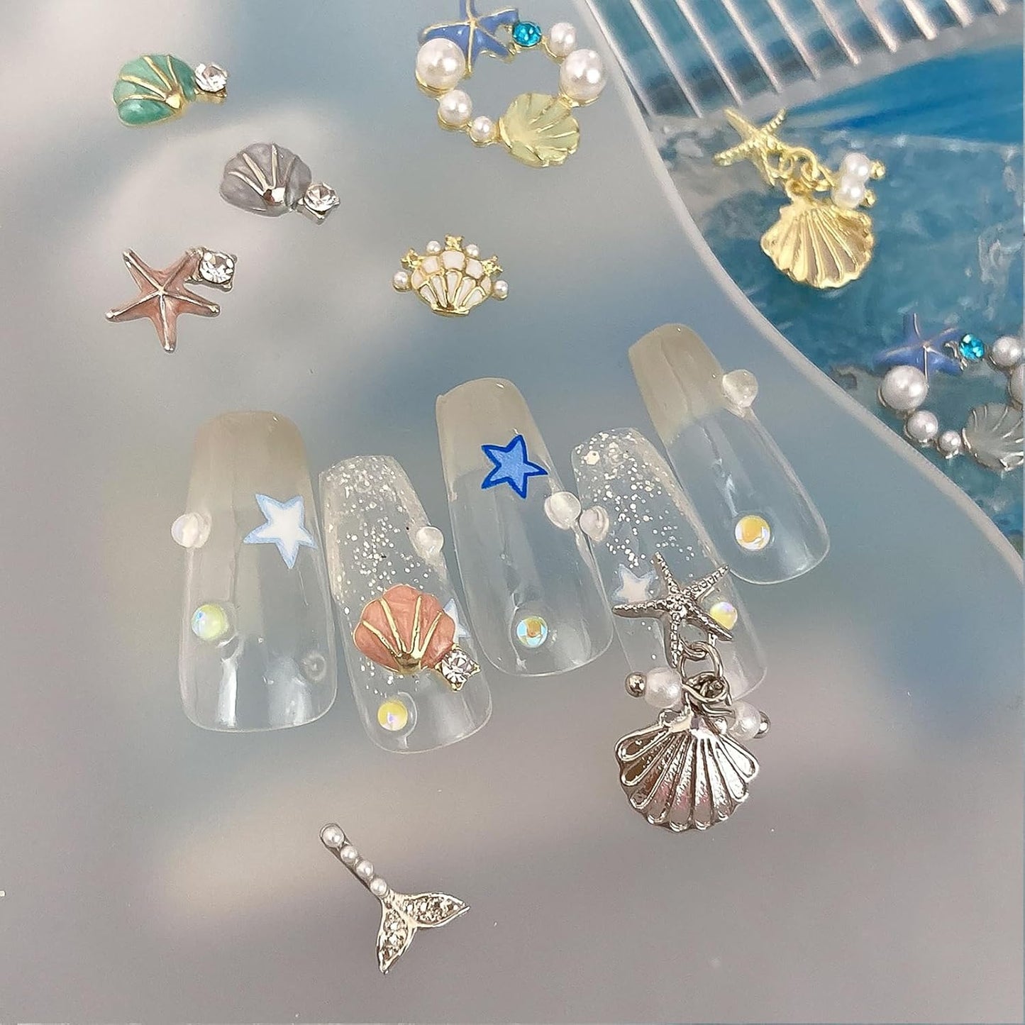 3D Summer Beach Nail Charms - 32PCS Ocean Theme Rhinestones & Shells for DIY Manicure Decor | Perfect for Nail Art Designs
