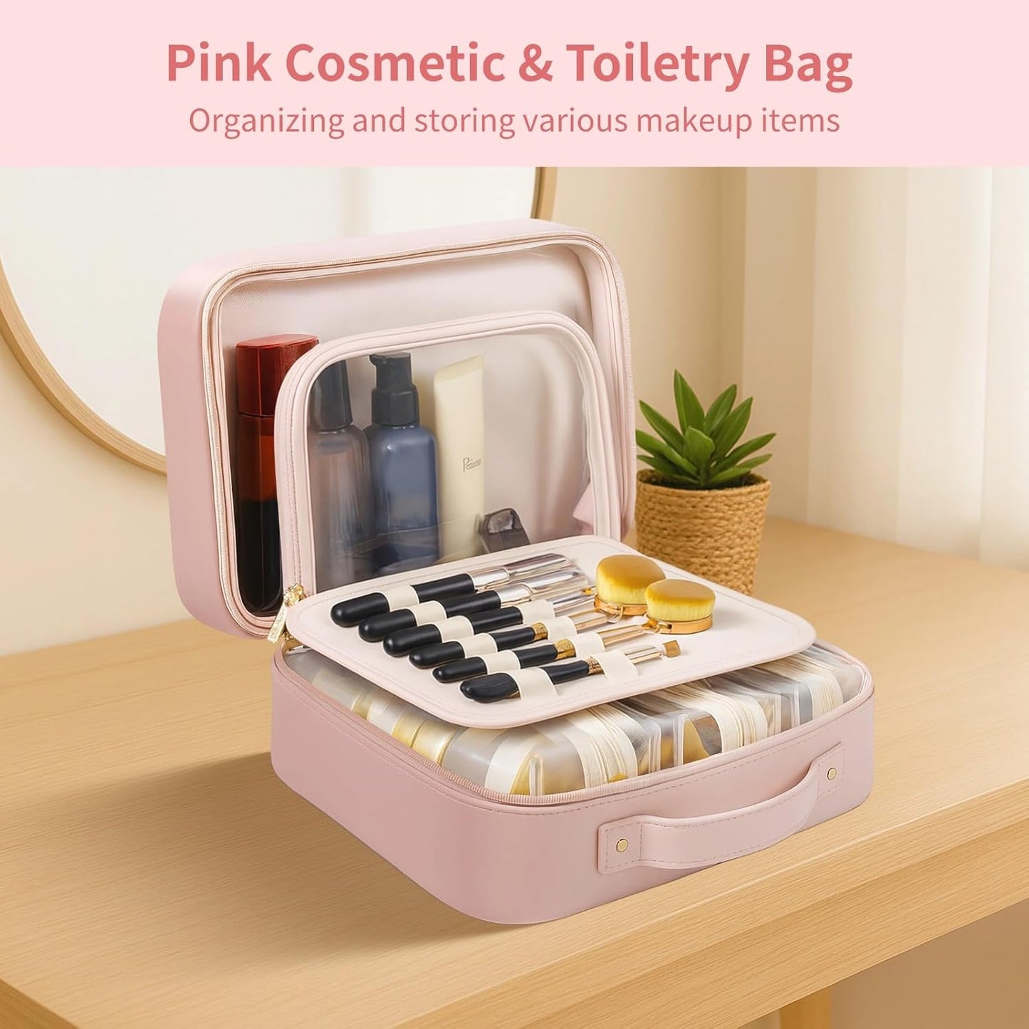 Travel Makeup Bags for Women - 12.2" Waterproof PU Leather with Compartments & Pockets