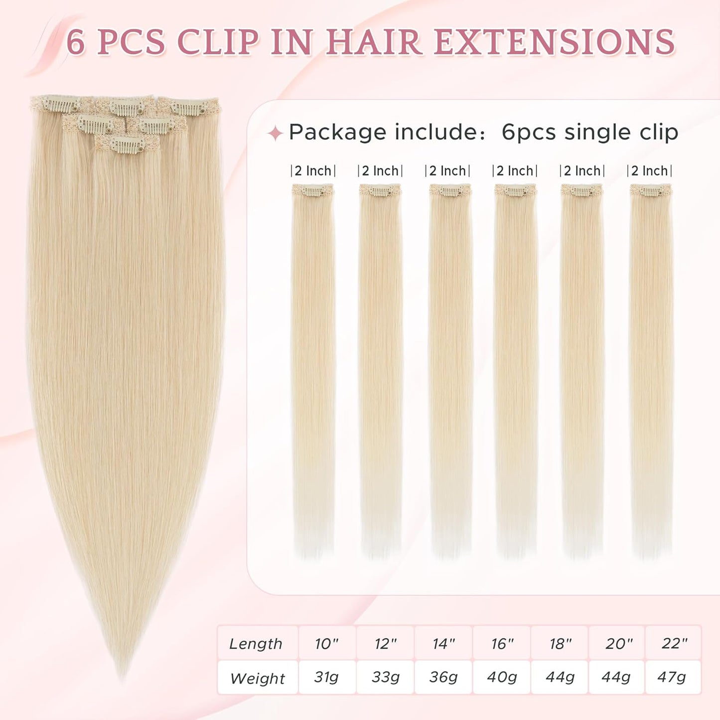 Real Human Hair Clip-In Extensions - 6 Pcs Remy Straight Seamless Hairpieces | 14 Inch #60 Platinum Blonde