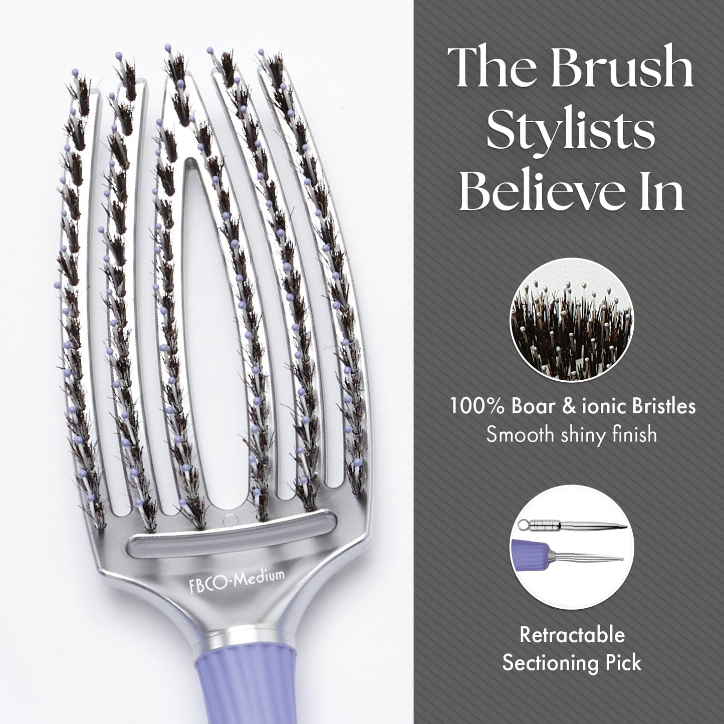 Olivia Garden Fingerbrush Combo Curved and Vented Paddle Brush for Blow Drying - Ionic and 100% Boar Bristles - For All Hair Types, Medium
