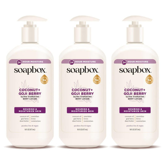 Soapbox Moisturizing Body Lotion, Coconut Milk with Aloe and Shea Butter, Pack of 3 Hand Lotion Bottles, Vegan Skin Care Products, Moisturizer for Dry Skin, 3 Pack, 16oz Each