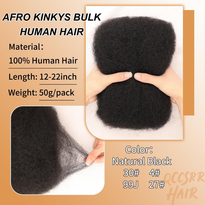 Afro Kinky-Curly Human Hair Bulk - 16 Inch, 50g Pack for Mini Twists, Dreadlocks & Braiding | Natural Black