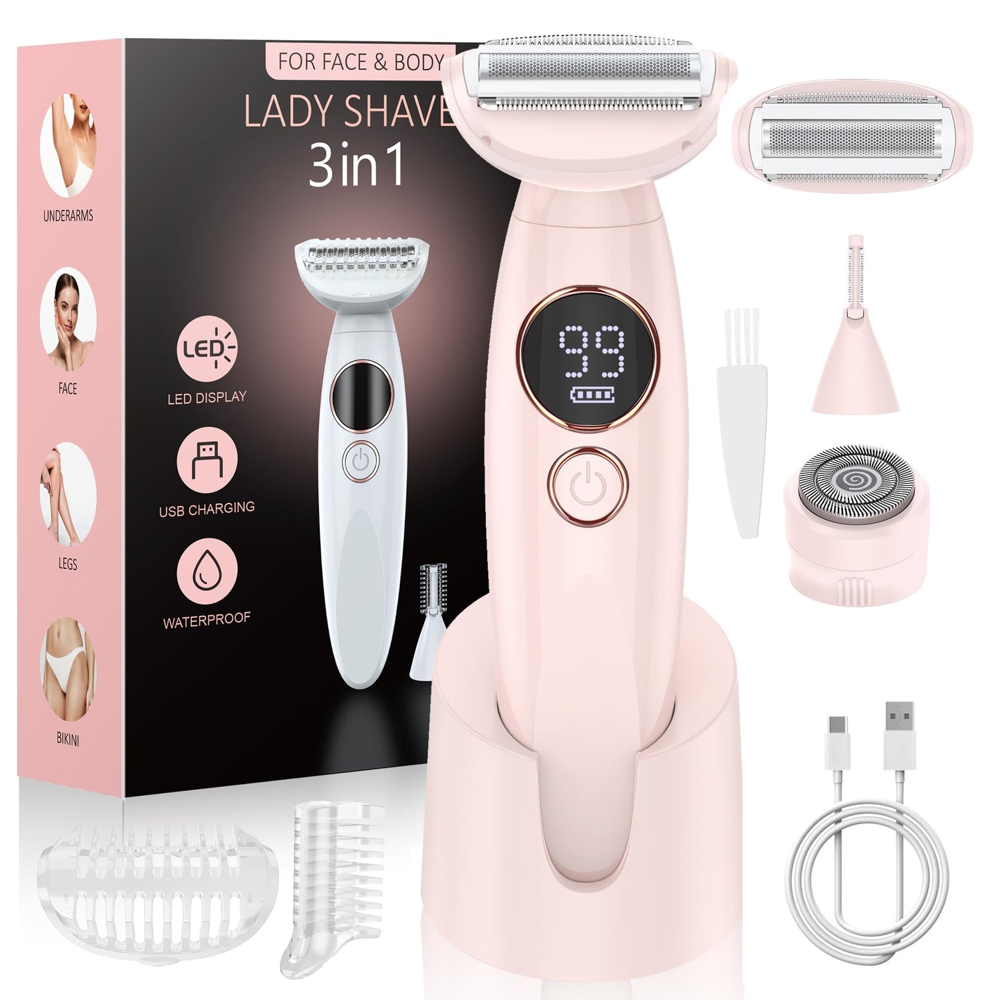 ANYLIV 3 in 1 Bikini Trimmer for Women, Electric Razors for Women with Display, Painless Bikini Trimmer, USB Charging, Electric Shaver for Woman,Shaver for Woman for Face, IPX7 Waterproof,Periwinkle