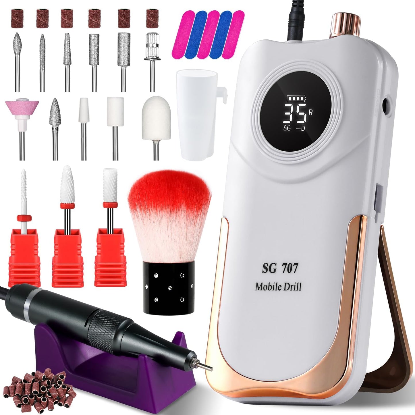 Moskany Professional Grade Electric Nail Drill Kit 35000RPM with 14PCS Bits White Portable Rechargeable Cordless File Machine for Acrylic Gel Powder Nails and Manicure Pedicure Toenail Tool Salon Set