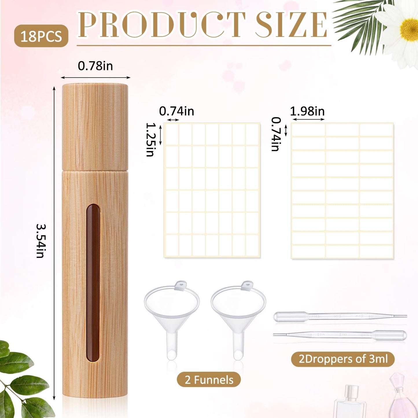 BrightRow 18 Pcs 10ml Bamboo Roll on Bottles for Essential Oils, Empty Bottles with Stainless Steel Roller Balls with Funnels, 3ml Droppers and Stickers