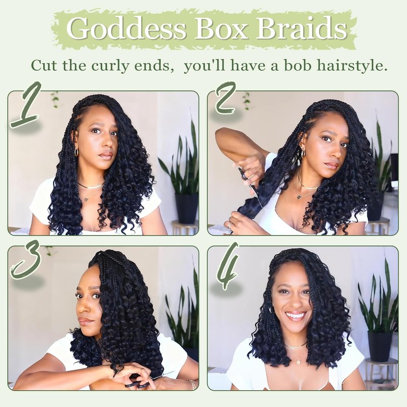 Goddess Box Braids Crochet Hair for Woman 12 Inch 7 Packs Short Pre-looped Crochet Box Braids Curly Ends Bohemian Hippie Braids Synthetic Braiding Hair Extension Natural Black 1B