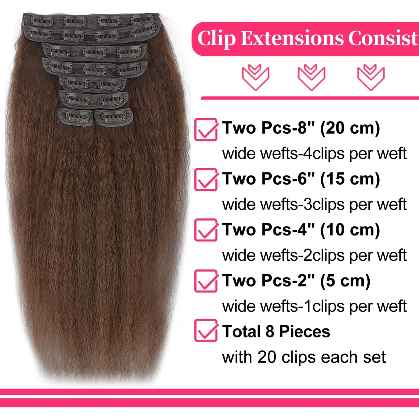 14 Inch Chocolate Brown Kinky Straight Clip in Hair Extensions Real Human Hair Clip in Extensions 8Pcs 110g 20 Clips Brazilian Virgin Hair Yaki Straight Clip ins Double Weft