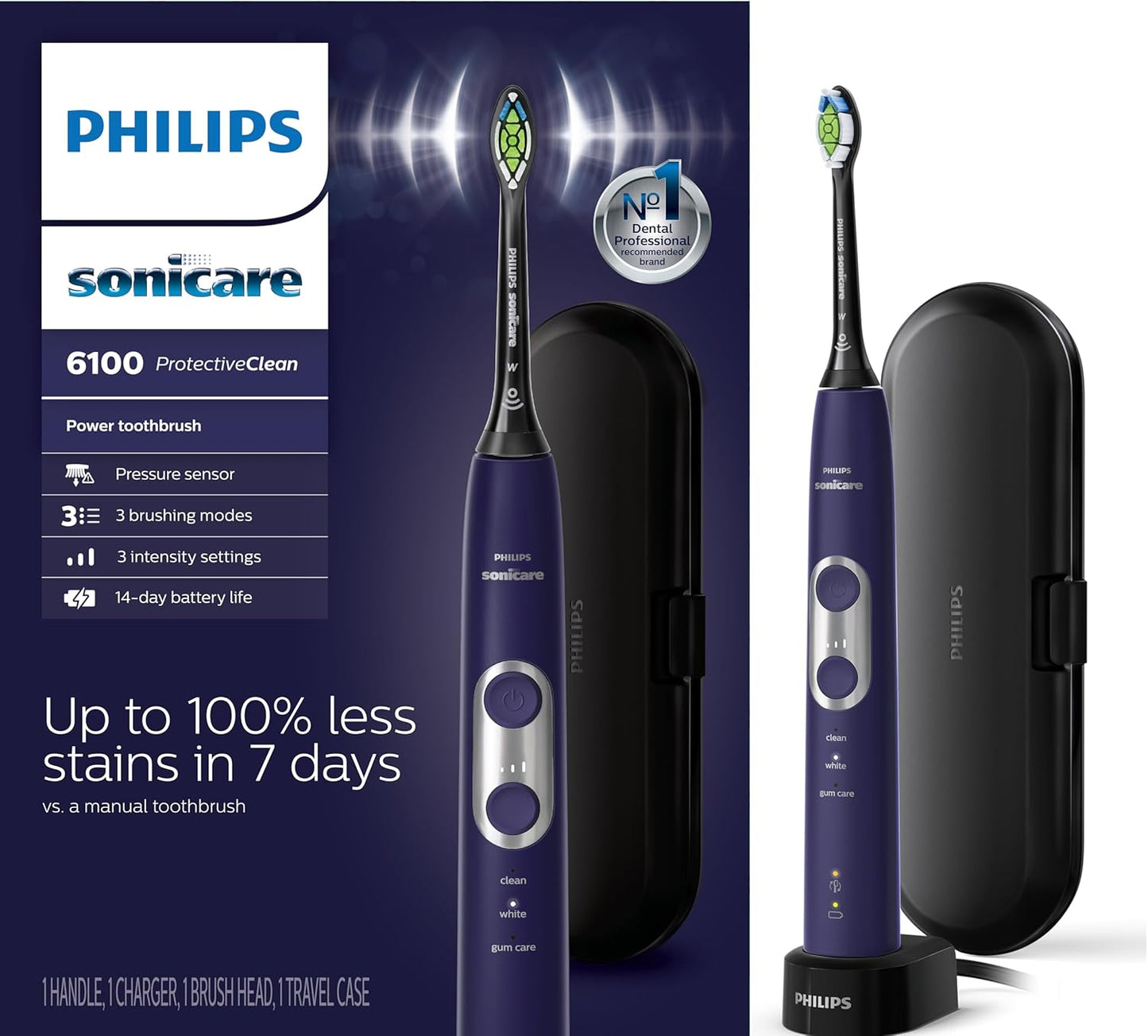 Philips Sonicare Electric Toothbrush - ProtectiveClean 6100 with Pressure Sensor & 3 Modes | Deep Purple, Model HX6471/03