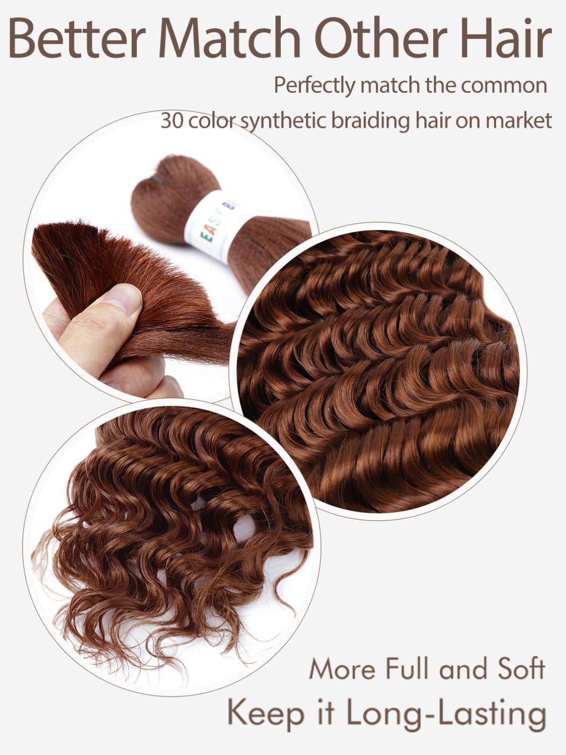 12A #30 Auburn Brown Human Braiding Hair for Boho Braids 1 Bundle 20 Inch 50g Deep Wave Braiding Hair for Bohemian Knotless Braids 100% Unprocessed Virgin Bulk Hair Extensions No Weft