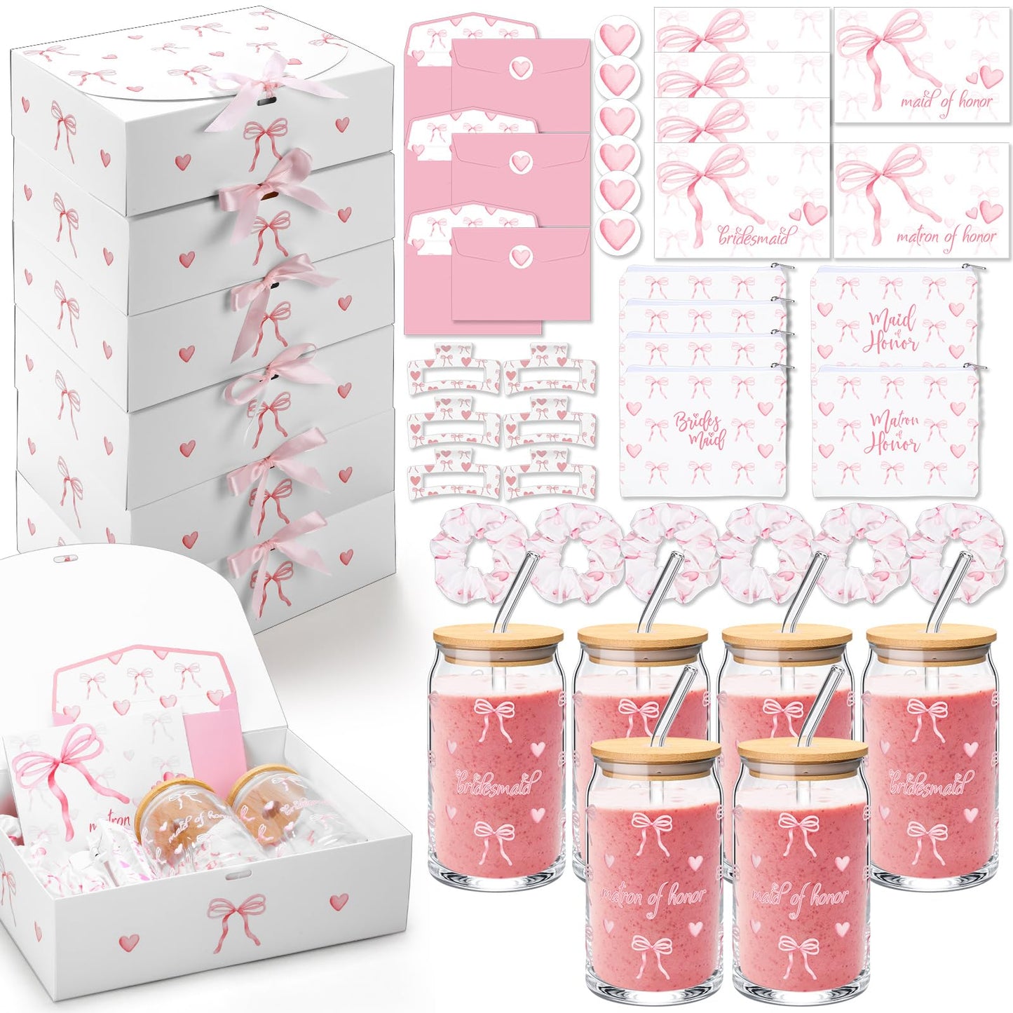 Meanplan 48 Pcs Bridesmaid Proposal Gift Box Set Bridal Shower Favor Wedding Bride Bachelorette Party Return Gift, Glass Cup Cosmetic Bag Scrunchies Hairpin Invited Card Envelope (Matron of Honor)