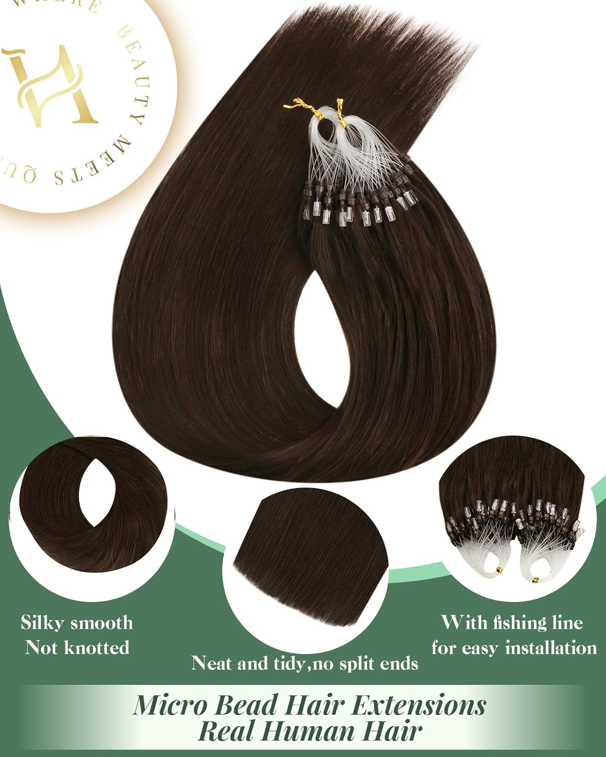 Microlink Hair Extensions - Darkest Brown Human Hair, No Heat No Glue, 16 Inch 50G 50S