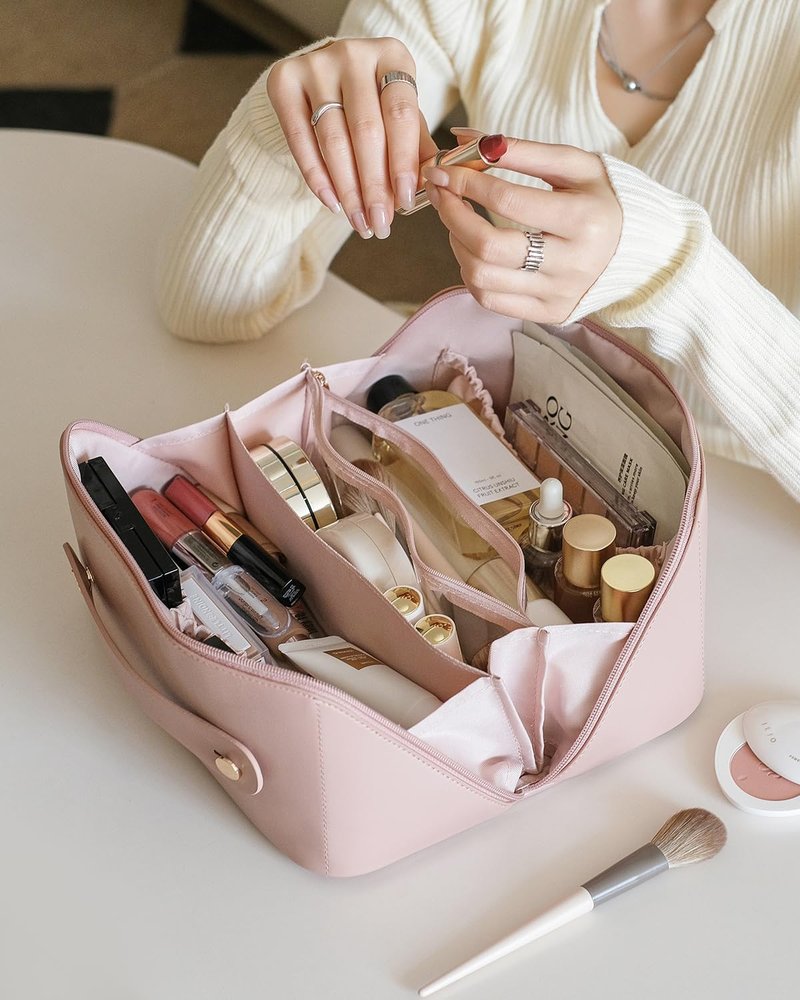 Travel Makeup Bag - Large Capacity Waterproof PU Leather Cosmetic Organizer | Flat Open Design for Skincare & Brushes