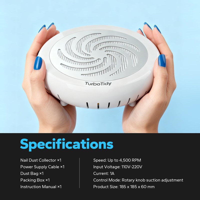 TurboTidy Nail Dust Collector, Nail Stuff with Adjustable Suction, Reusable Filter Nail Vacuum Machine for Acrylic Nails, Gel Nails, Nail Supplies, and Home Salon
