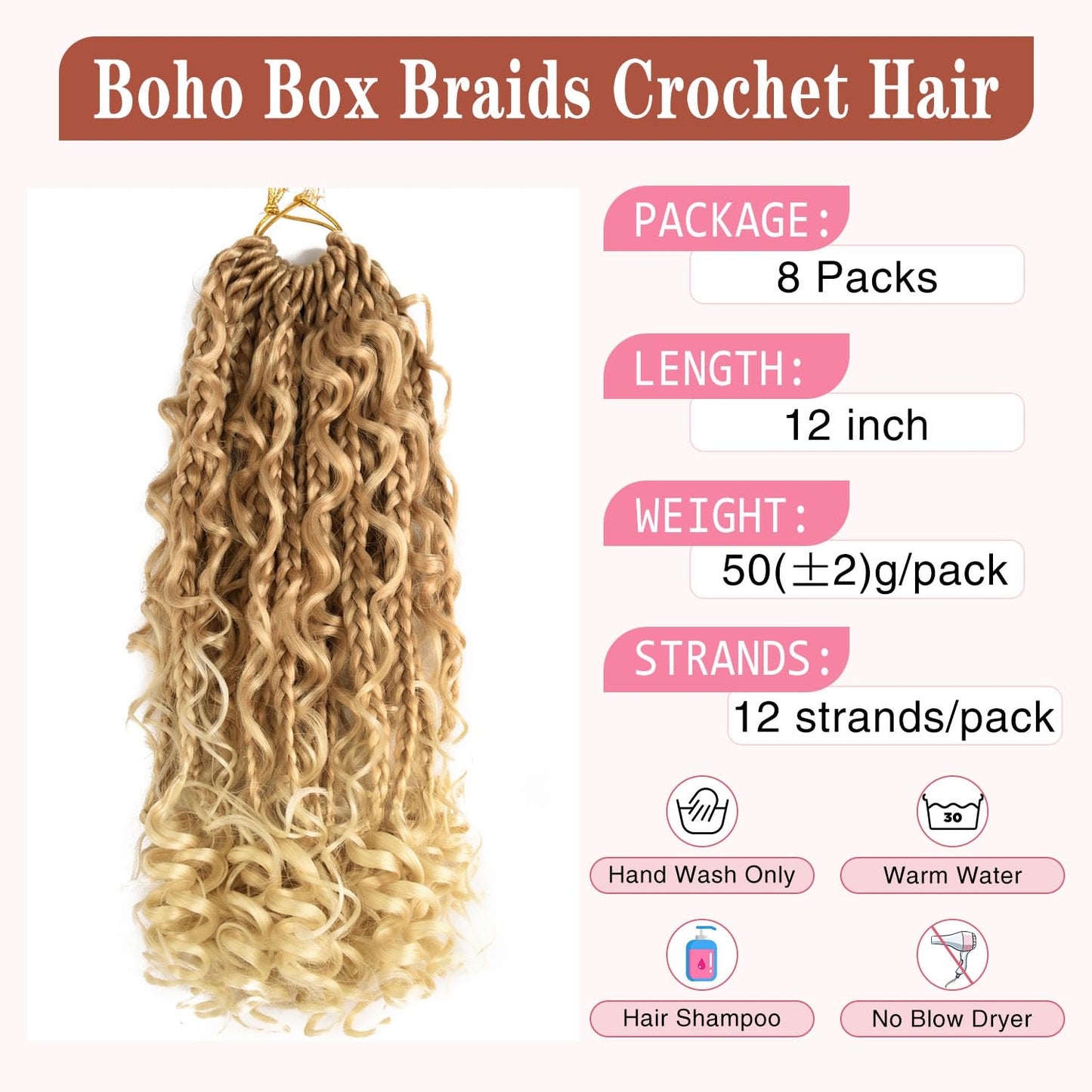 12 Inch Goddess Box Braids Crochet Hair for Black Women With Curl Ends 8 Packs Pre Looped Crochet 3X Bob Boho Box Braids Synthetic Twists Braiding Hair Extensions (12strands/pack;27/613#)