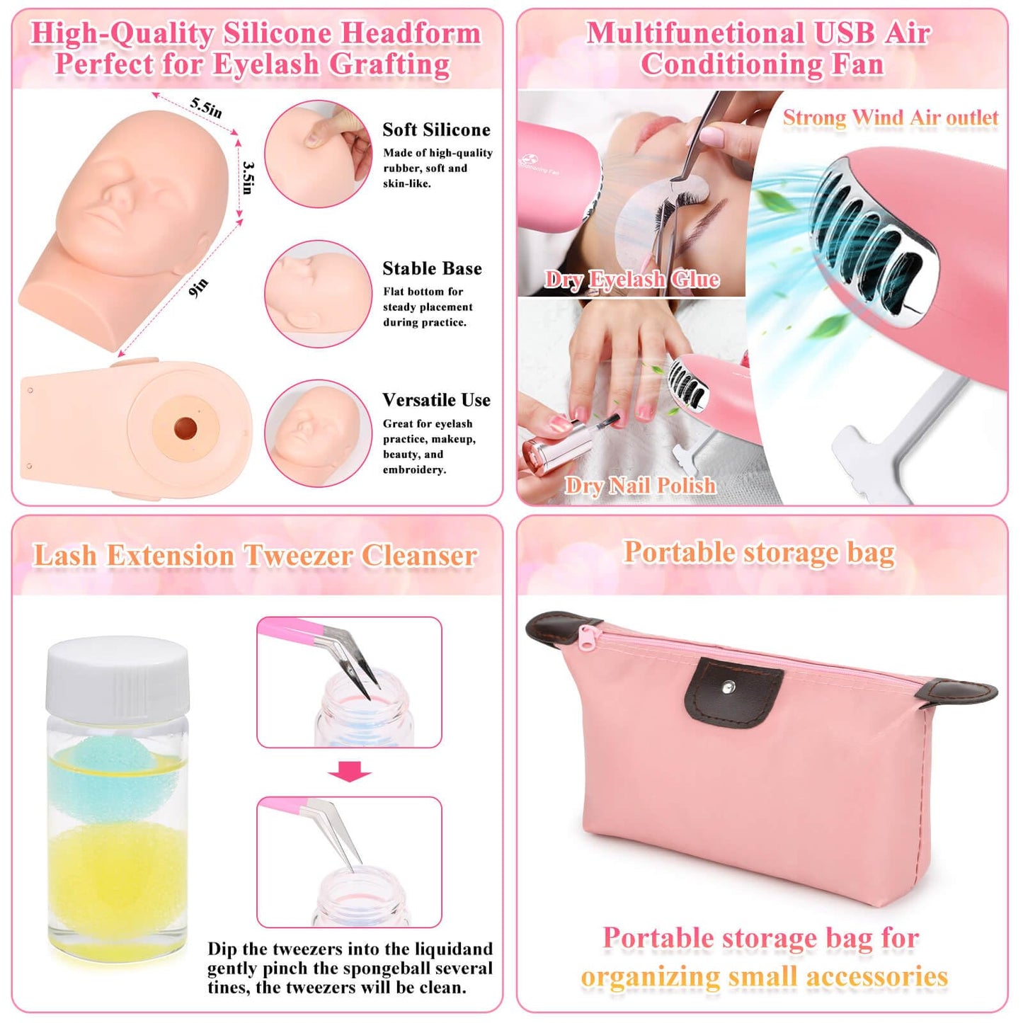 Tetutor Lash Kits Extensions Kit for Beginners, Eyelash Lash Extension Kit for Beginners with Lash Mannequin Head, Lash Extension Practice Kit Starter Kit with Everything USB Fan, Lash Glue, Shampoo