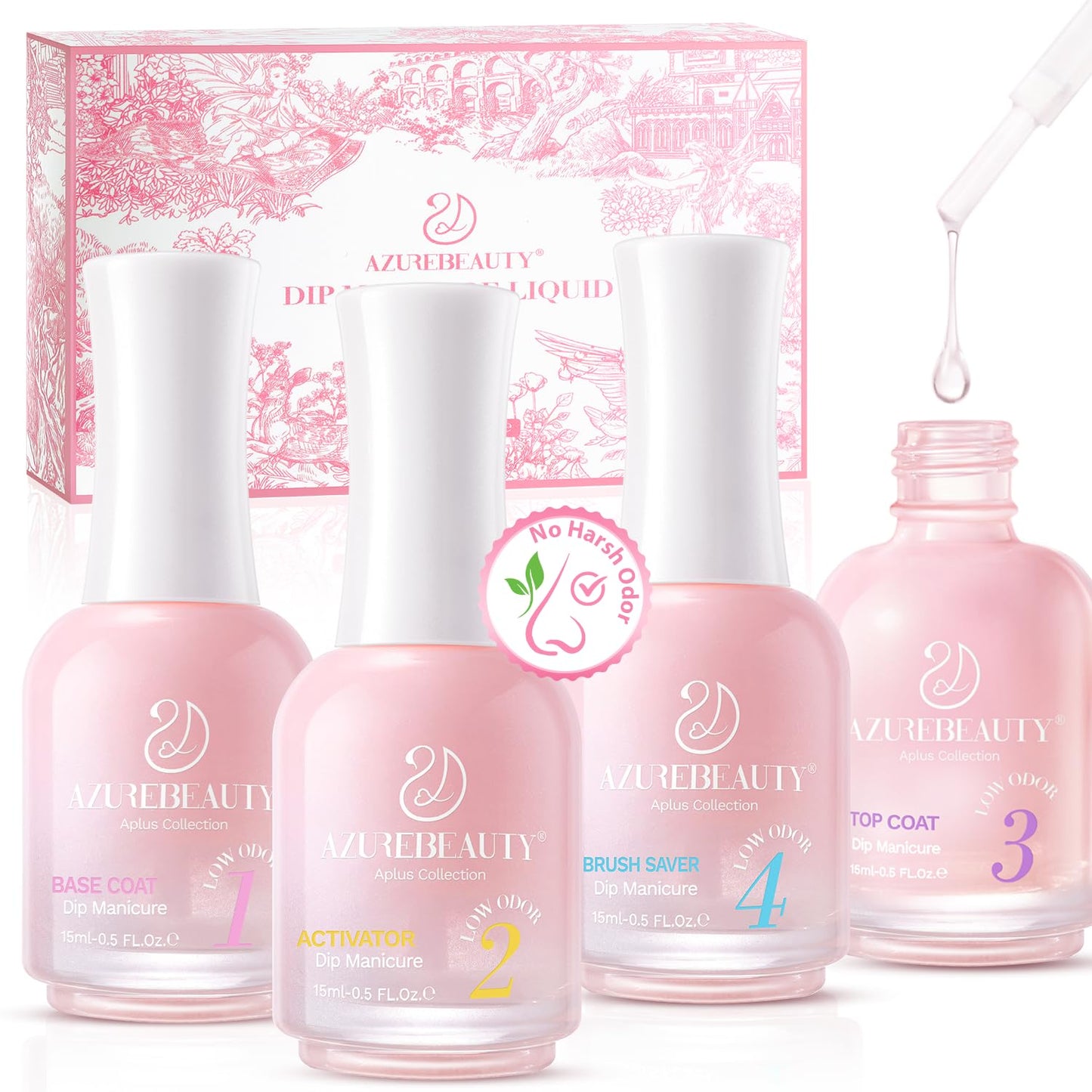 AZUREBEAUTY Dip Powder Nail Set, Silver Pink Black Dip Powder Liquid Set 4 Pcs Clear Dipping Powder Base Activator Top Coat and Brush Saver