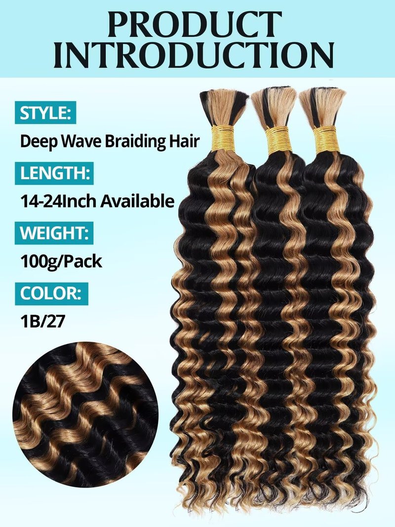 100g 3 Bundles/Pack Human Braiding Hair for Boho Braids 14 Inch Curly Boho Hair for Braiding Knotless 12A Deep Wave Bulk Bohemian Natural Black