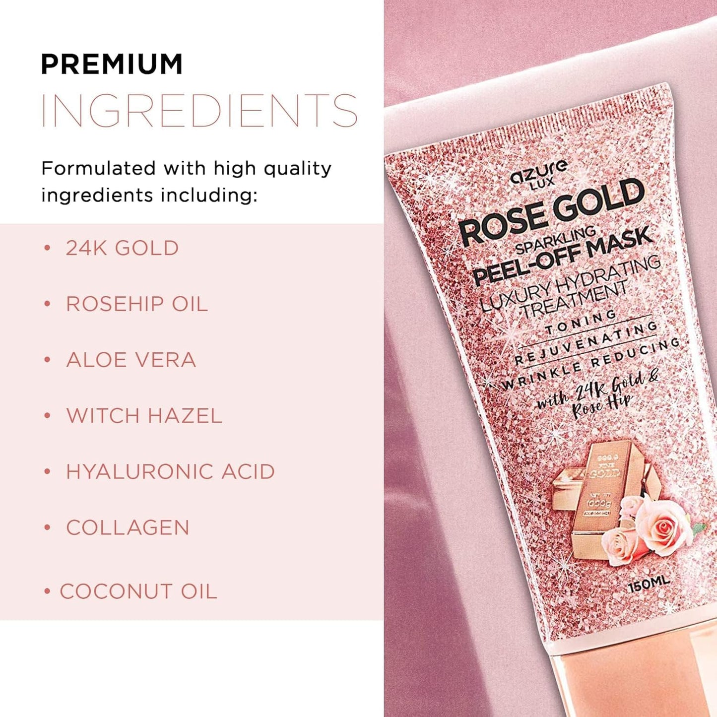 AZURE Sparkling Peel-Off Masks Bundle - Rose Gold Hydrating Peel-Off Mask - 24K Gold Firming Peel-Off Mask - Charcoal & Pearl Anti-Aging Skincare - 150 ml / 5.07 fl.oz