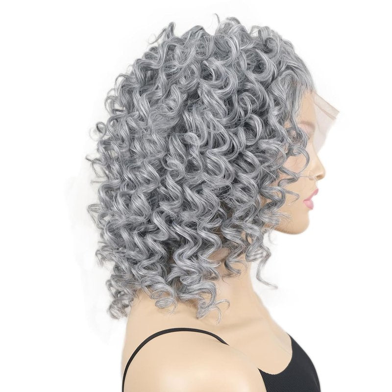 Grey Lace Front Curly Synthetic Wig - Heat Resistant Fiber for Daily Wear | Silver Color
