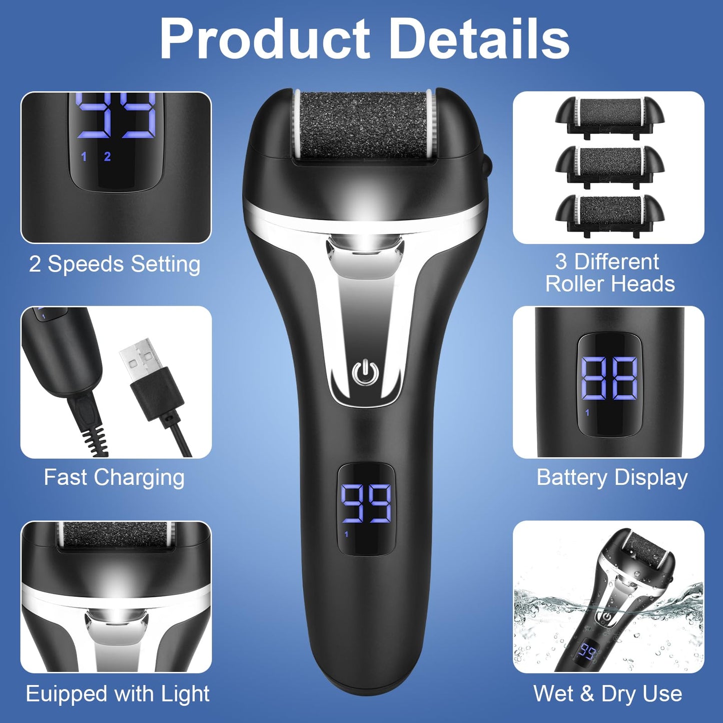 Electric Foot File Callus Remover for Feet - 9 pcs Roller Heads,2 Speed Foot Care Kit Waterproof Pedicure Tools,Rechargeable Foot Scrubber Pedicure kit for Dead Hard Cracked Dry Skin
