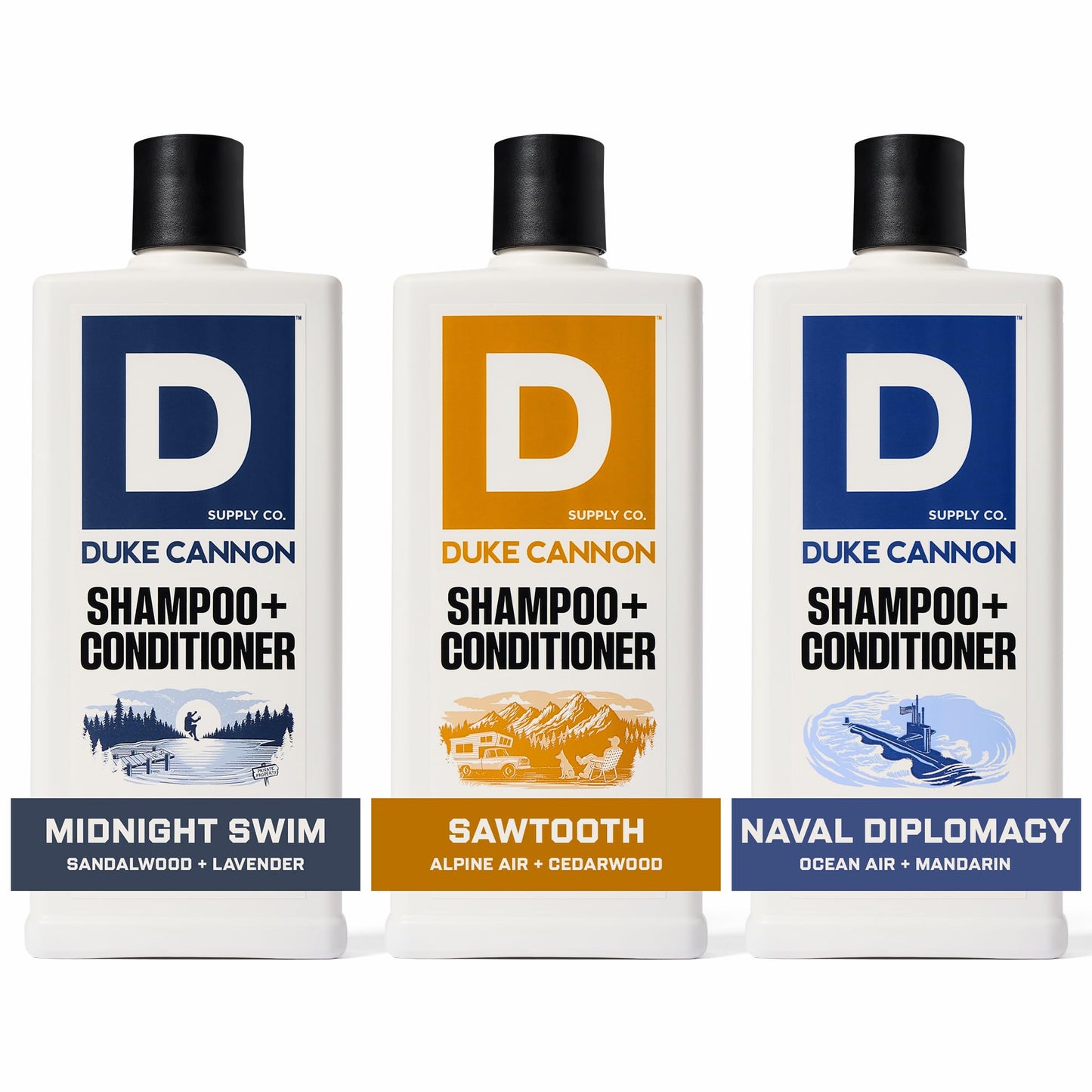 Duke Cannon Shampoo & Conditioner 3-Pack – Sawtooth, Midnight Swim, Naval Diplomacy – Premium Men’s Hair Care, Invigorating Scents, Sulfate-Free, Natural Ingredients, Nourishing (14 oz)