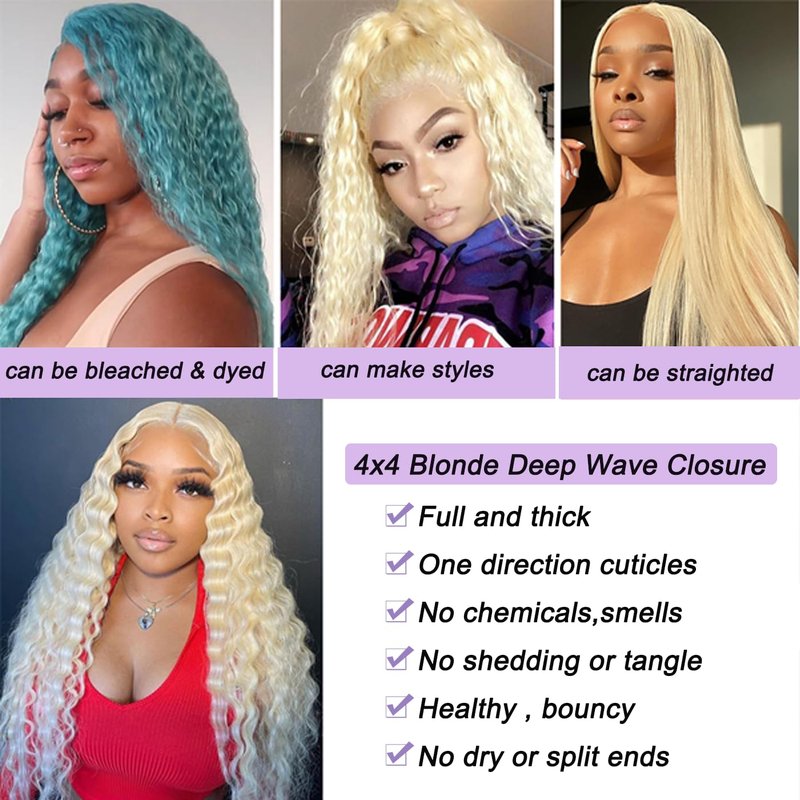Blonde 613 Deep Wave Closure - 4x4 Transparent Lace Human Hair, 18 Inch, Pre-Plucked with Baby Hair