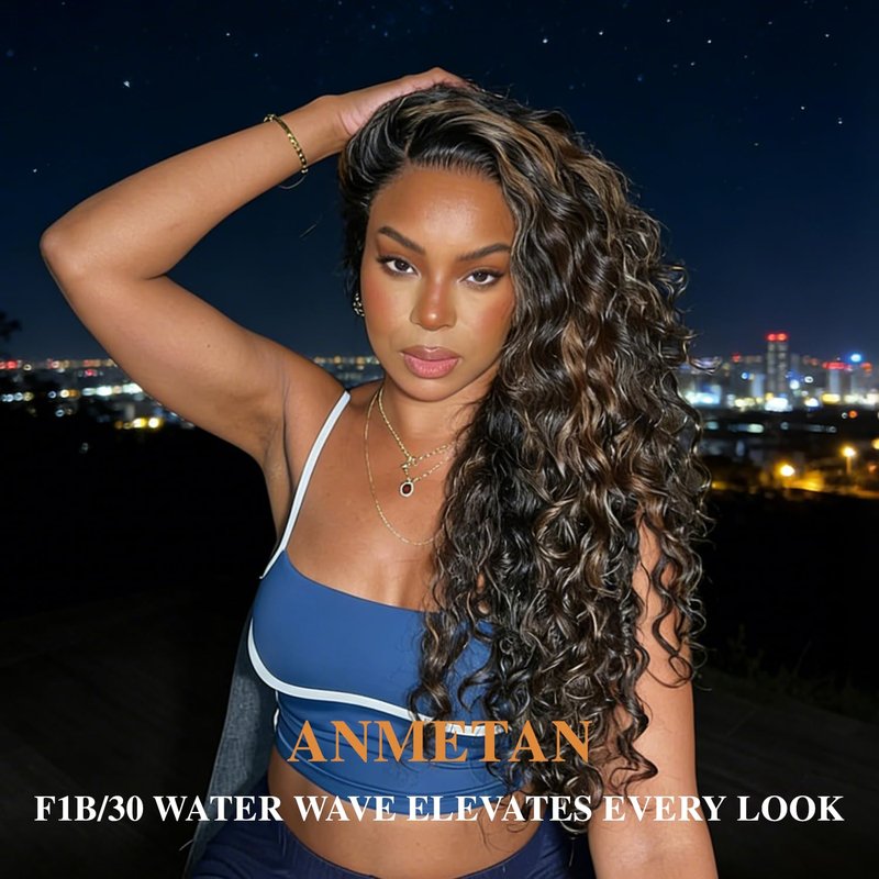 Anmetan Honey Blonde Highlight Black and Brown 4x4 Closure Water Wave Human Hair, 12A Wet and Wavy Color F1B30 Ombre 100% Remy Hair Pre Plucked with Baby Hair Free Part Hairline 4x4 Lace Closure 14 In