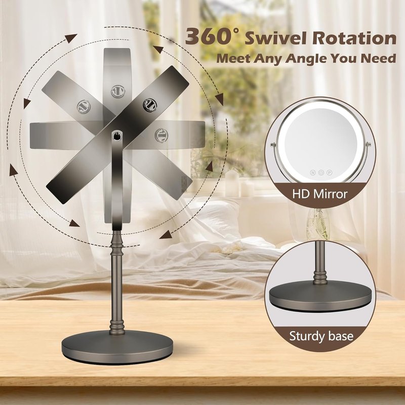 Lighted Makeup Mirror - 9" Double-Sided 1X/10X Magnification | Rechargeable with Adjustable Brightness & 80 LED Lights - Grey
