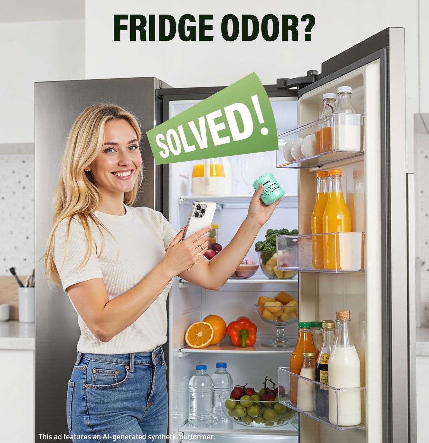 FLAWNT Refrigerator Deodorizer - Long Lasting Fridge Odor Eliminator and Smell Absorber, No Need Baking Soda Replacement, Works as Freezer Freshener & Organizer Accessory Green