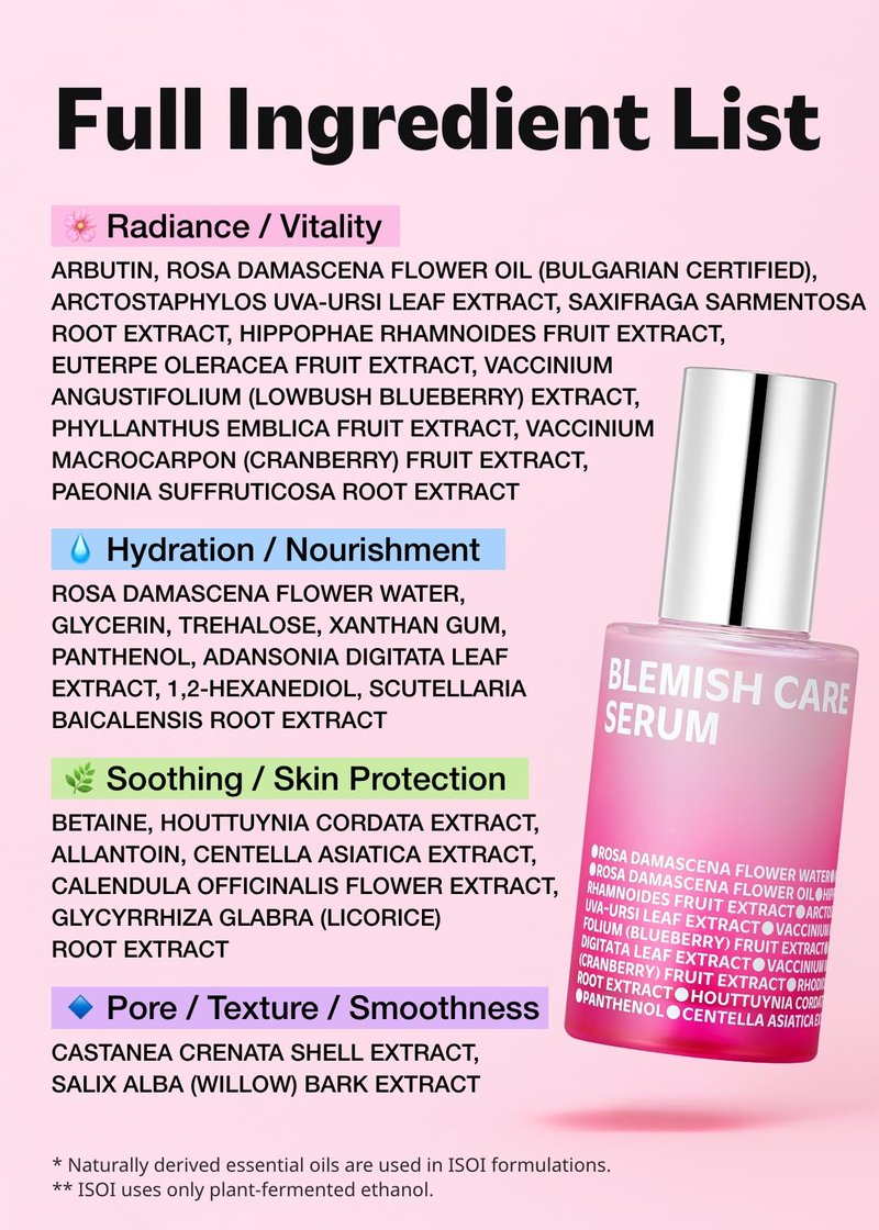 ISOI Blemish Care Up Serum for Face, Vegan Hydrating Serum for Smooth & Glass Skin Effect, Skin Barrier & Moisture Balance for Women, Arbutin & Rose Otto Oil, Korean Skin Care (1.18 fl. oz, 35ml)