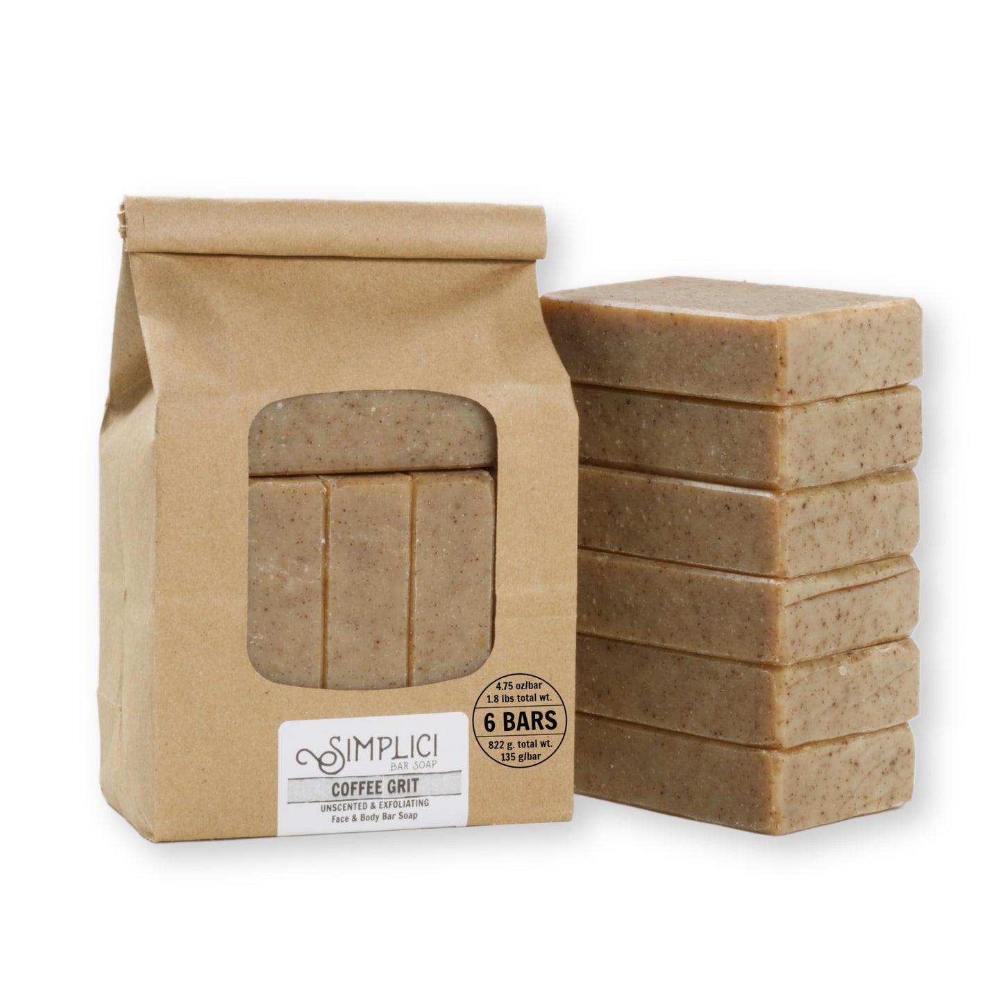 Simplici Coffee Grit Natural Soap (exfoliating + for sensitive skin) 6 Bar Value Bag. Palm Free.