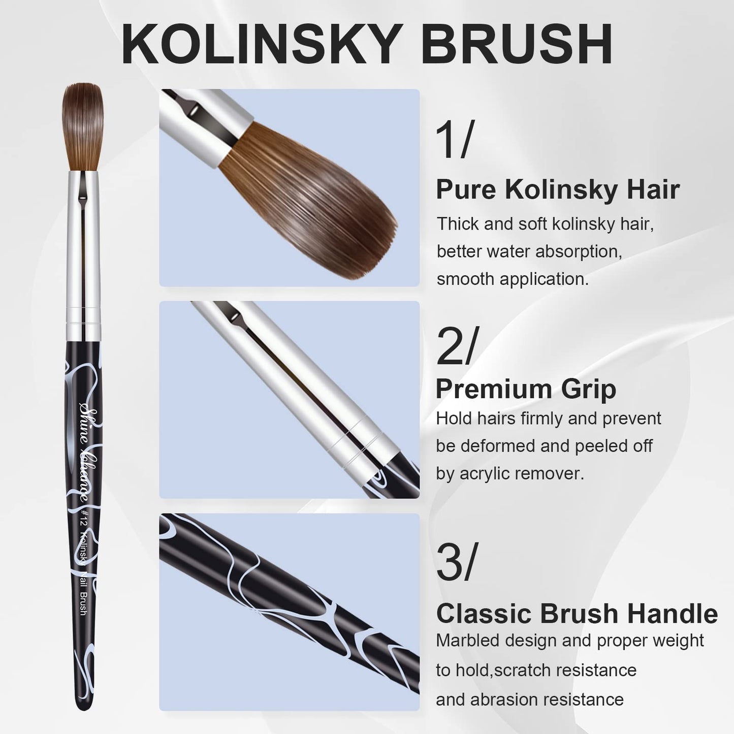 Shine Chance 2Pcs Acrylic Nail Art Brushes Size 8 12, 100% Pure Kolinsky Hair Oval Nail Brush for Acrylic Application, Professional Nail Extension Manicure Tool Striping Nail Drawing Pen for Home