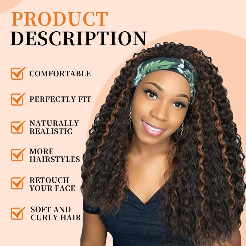 Humistwbiu Curly Headband Wig Loose Water Wave Headband Wigs None Lace Wig Glueless for Women Synthetic 150% Density Natural Color 24 inch (1B)