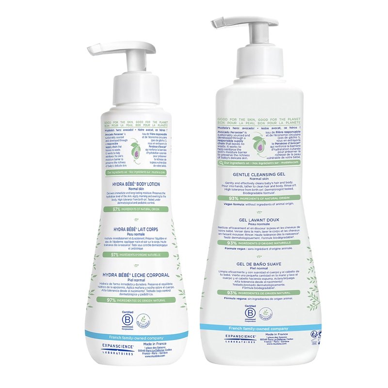 Mustela Baby Bath Time Gift Set | Natural Avocado Skin Care Essentials - Hydra Bebe Lotion & Gentle Cleansing Gel - 2 Items