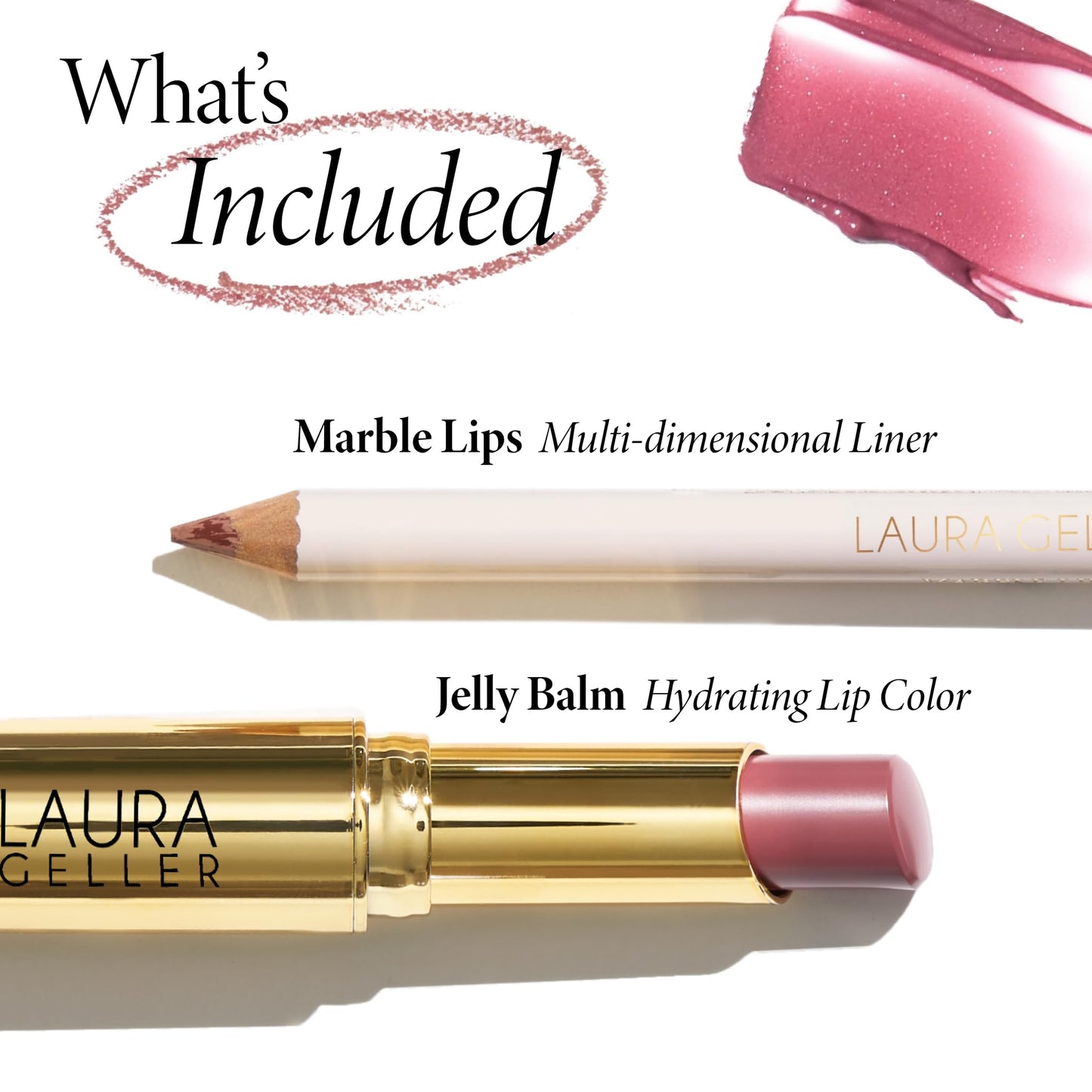 LAURA GELLER Lip Color & Liner Lip Kit | Jelly Balm Hydrating Tinted Lip Balm, In the Buff + Marble Lips Multidimensional Liner, Romantic Rose
