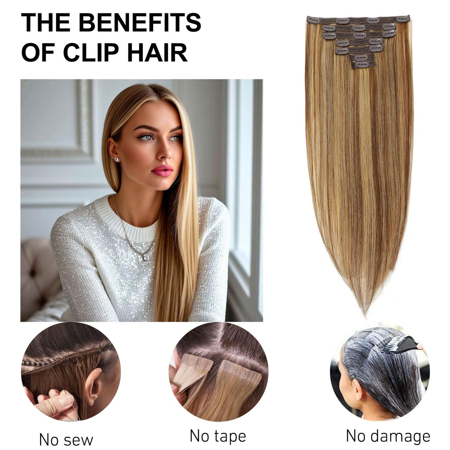 Clip in Hair Extensions Real Human Hair Chocolate Brown to Caramel Blonde 14 inch 7pcs 70g/Pack, Human Hair Clip in Extensions, Salon-Grade Quality, Easy Comfort Wear for Women (#P4/27, 14 inch)
