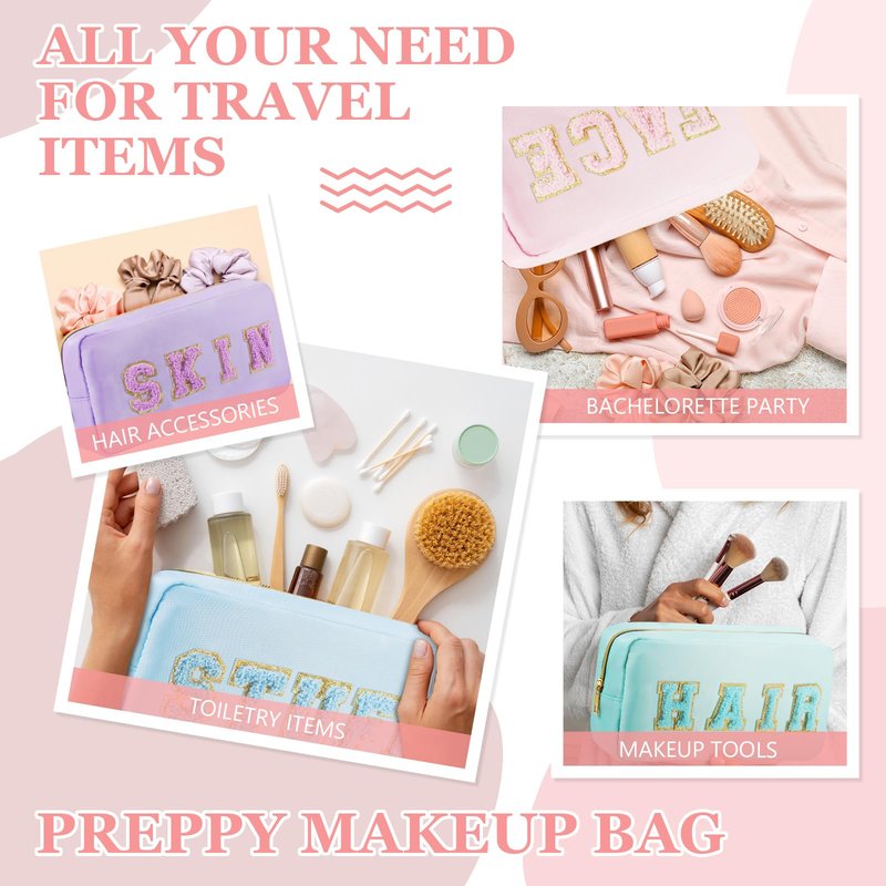 4 Pcs Travel Toiletry Bags for Women Preppy Makeup Bags Organizer Face Skin Hair Stuff Chenille Letter Pouch with Zipper Aesthetic Corduroy Skin care Hair Bag for Women Gifts