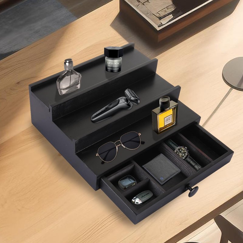 Fengligoo Black Wooden Cologne Organizer for Men - 3 Tier Wooden Perfume Display Stand with Drawer and Hidden Compartment for Organizing and Storing, Cologne Holder Shelf for Dresser